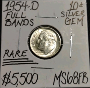 1954-D MS68FB Rare Full Bands Gem Silver Dime