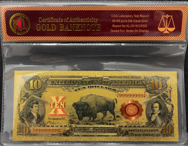 24K Gold-Plated $10 Replica Banknote, Serial 99999999, COA Included