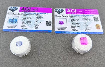 (2) Certified Natural Gemstones (1) 8.40ct. Natural Certified Pink Kunzite (1) 2.85ct. Natural Blue Maxixe Beryl