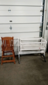 (1) Real Wood Baby Chair, (1) Baby Crib