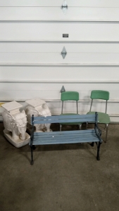 (2) Stone Elephant Statues for Outside, (1) Small Kid's Bench for Outside, (2) Kid's School Chairs