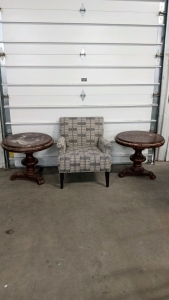 (2) Medium Real Wood Tables, (1) Armchair