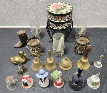 Assorted Vintage Ceramic & Metal Bells, Candle Holders, Plant Stands, & More!