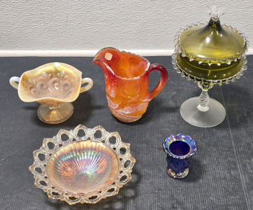 Vintage Imperial Ruby Slag Windmill Pitcher, Assorted Imperial Iridescent Glass Pieces, Glass Tall Candy Bowl w/ Lid
