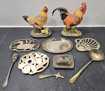 Assorted Silver Plated Items, Chicken & Rooster Ceramic Statues