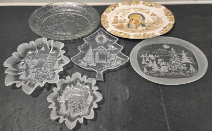 Vintage Christmas & Fall Themed Etched Crystal & Ceramic Platters