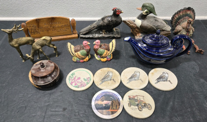 Assorted Vintage Decor Items Including: Porcelain 3-Piece Tea Pot, Ceramic Turkey Salt & Pepper Shakers, Stone Coasters, & More!