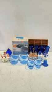 (1) Set of Blue Kitchenware and Decorations, (1) Snow White Music Box, (1) Salt and Pepper Rack, (1) Wooden Organizer, (1) Box of Air Bake Containers