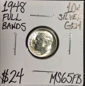 1948 MS65FB Full Bands Gem Silver Dime Coin