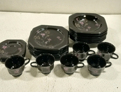 (1) Complete Dinner Set of Mikaso Black Flower Japanese Style Dishes