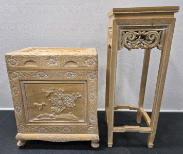 Vintage Hand-Carved Wood Chinese-Style Storage Chest - 22"H x 18"W x 12"D & Vintage Hand-Carved Wood Chinese-Style Side Table - 29&frac12;"H x 11"&sup2;