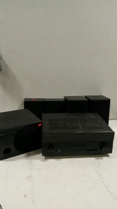 (1) Yamaha Subwoofer System Tested Works, (1) Yamaha Natural Sound Av Receiver, (4) Yamaha Speakers