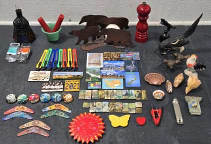 Assorted Travel Knick-Knacks Including Large Collection of Global Magnets, Bear Candle Holder, Razor Cutting Blades, & More!