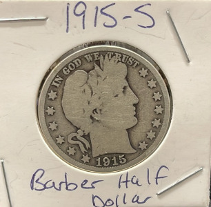 1915-S Barber Half Dollar Coin, United States Mint, 90% Silver
