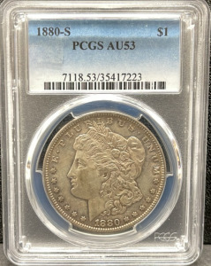 1880-S Morgan Silver Dollar, PCGS AU53, $1 Coin