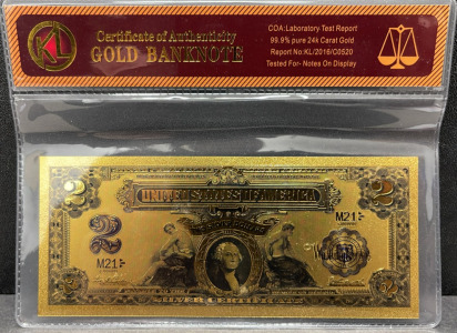 24K Gold United States $2 Silver Certificate Replica, COA Included
