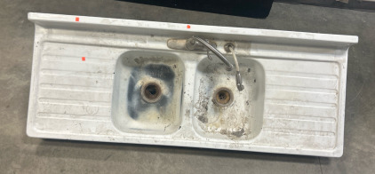 Vintage Enameled Steel Double Drainboard Kitchen Sink With Faucet