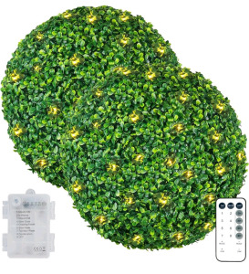 AILANDA Artificial Boxwood Topiary Ball, 2PCS 16'' Faux Topiary Boxwood Plant with 200 LED & Timer, Decorative Boxwood Garden Spheres for Balcony Backyard Wedding Home Front Porch Indoor Outdoor Decor