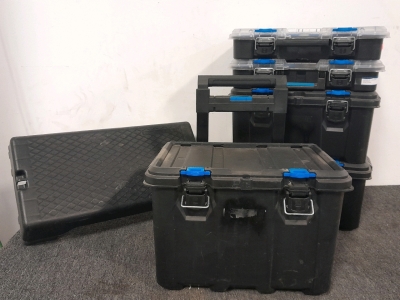 Large Modular Crates With Cleaning Supplies & Golds Gym Step Platform