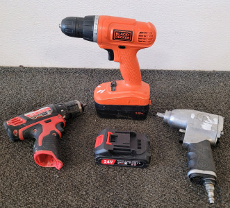 Milwaukee Drill, Black Decker Drill With Battery, 24 V Battery, And A Pneumatic Impact Wrench