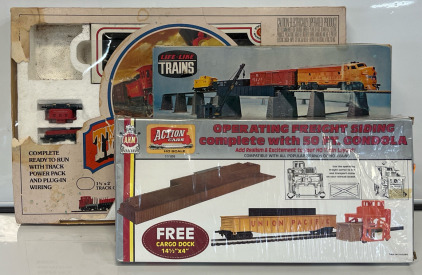Bachmann "The Old Timer" electric train set, vintage Life-Like "Figure 8 Over 'N Under" HO scale bridge and pier set & AHM HO Scale Operating Freight Siding kit