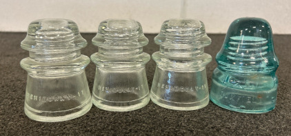 (3) Vintage Hemingray No. 17 Glass Insulators And 1 Brook Field Glass Insulator