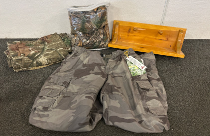 (4) Camouflage Fabric Pillow Cases With Matching Bed Spread, Wear First Camo Long Cargo Pants, Wooden Wall Hander And More