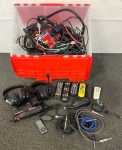 (2) Gaming Headsets, Remotes, Mouse, Ipod & Lots Of Cords Including HDMI, Apple, Android, AV, Jumper Cables & More