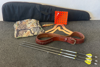 Outdoor Items Including Rifle Case, Leather Holster Belt With Bullet Pockets, Arrows & Targets, Hunting Jacket & Camo Pants, Large Fishing Lure & Boomerangs