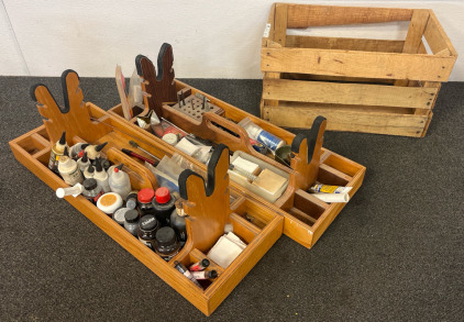 (2) Gun Cleaning Bins With Gun Racks, Lots Of Gun Cleaning Accessories & Wooden Crate