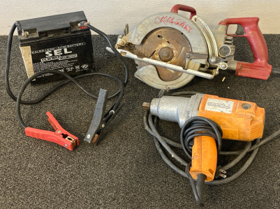 Skilsaw 7-1/4&rdquo; Worm Drive Saw, Chicago Electric 1/2&rdquo; Impact Wrench, CB19-12 12V 19AH Sealed Lead Acid Battery