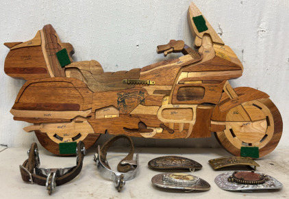 Handcrafted Wooden Motorcycle & Various Vintage Belt Buckles