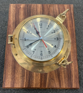 Antique Ship&rsquo;s Brass Porthole Clock On Wooden Board Hangable On Wall