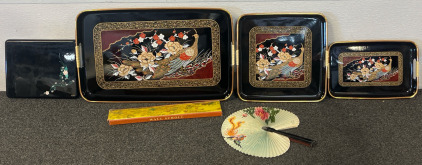 Vintage Japanese Lacquerware Serving Trays, Wall Scroll & Japanese Fan
