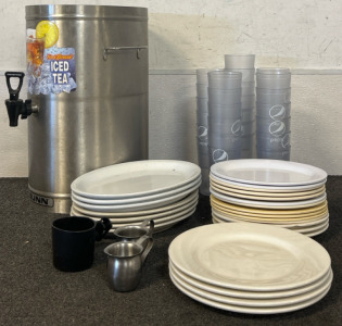 Restaurant Items Including Bunn Iced Tea Dispenser, Pepsi Cups & Plates