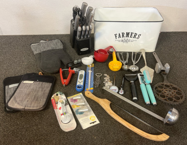 Farmers Market Bread Box, Faberware Knife Block With Knives, Cooking Utensils, Oven Mits & More