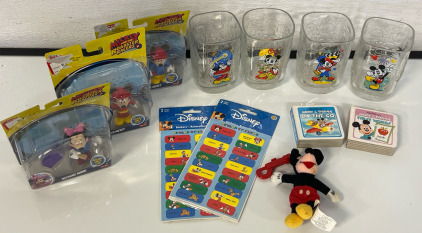 Collectable Mickey Mouse Items Including 2000s Mcdonald&rsquo;s Disney World Glasses, Mickey Roadster Racer Toys, Mickey Books, Stickers & Keychain