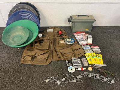 Fishing Gear Including Fishing Vest & Tackle Box With Lures, Hooks & More & Gold Pans!