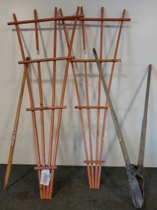 (2) Wood Fan Trelis, Post Hole Digger & Shovel Handle