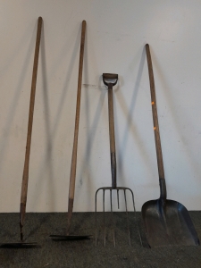 Shovel, Pitch Fork & (2) Garden Hoes