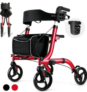 Rollator Walker with Seat, Rolling Walkers for Seniors with Cup Holder, Foldable Lightweight Rolling Walker with Seat & Brakes, Folding Adult Walker with Seat & Wheel