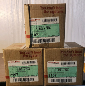(3) Boxes Of 25 Piece Charlotte Pipe and Foundry Company's Schedule 40 Pressure PVC Reducer Bushings Sized 1 1/2 &times; 3/4