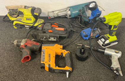 Tools Including Ryobi Corded Belt Sander, Makita Corded Reciprocating Saw, Warrior Orbital Jigsaw, Milwaukee Driver, Bostitch Nail Gun, Cordless Inflator Tool, Air Hanmer