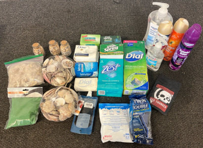 Bags & Jars Of Sea Shells, Hygine Products Including Soap, Glade Spray, Razors & More