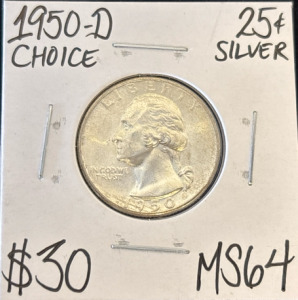 1950-D MS64 Choice Silver Washington .25c