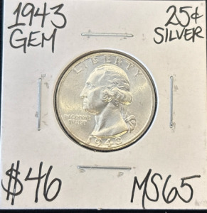 1943 MS65 Gem Silver Washington Quarter