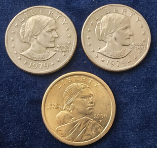(2) 1979 Susan B Anthony Dollars & (1) Sacajawea Gold Dollar