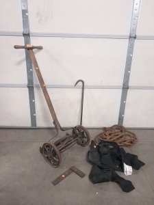 Antique Manual Lawn Mower, Shoulder Dolly, Rope, Crowbar & More