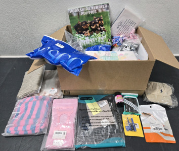 Assorted Item Amazon Box Including: MacBook Plastic Hard Shells, Pink Knee Braces, Collagen Supplements, Waterproof Cable Connectors, Phone/Tablet Repair Tools, USB C to VGA Adapter, Clothing, & More!