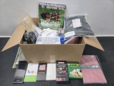 Assorted Item Amazon Box Including: iPhone Cases, Phone Screen Protectors, USB C to HDMI Cables, MacBook Hard Shell, Weed Remover, Women's Jeans, & More!